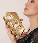 Gold embellished clutch with detachable chain