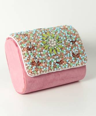 Pink suede rainbow embellished flap over clutch bag 3
