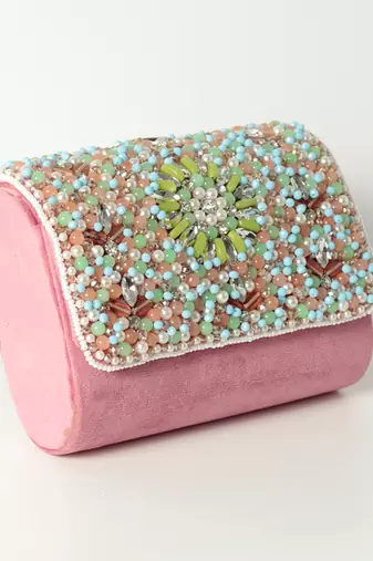 Pink suede rainbow embellished flap over clutch bag