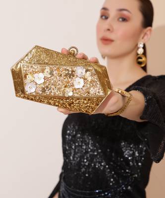 Gold embellished clutch with detachable chain 2