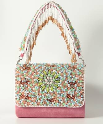 Pink suede rainbow embellished flap over clutch bag 4