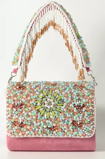 Pink suede rainbow embellished flap over clutch bag