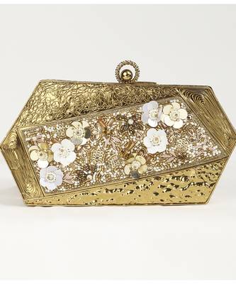 Gold embellished clutch with detachable chain 3