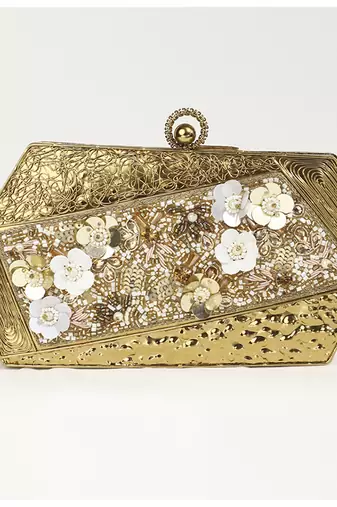 Gold embellished clutch with detachable chain