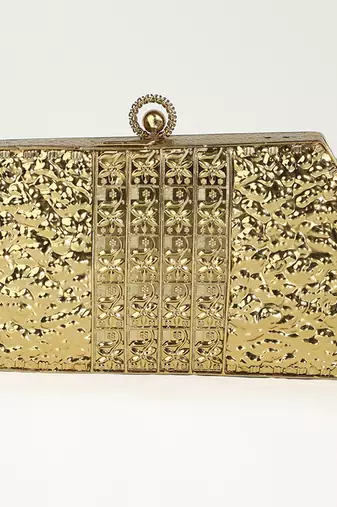 Gold embellished clutch with detachable chain