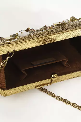 Gold embellished clutch with detachable chain