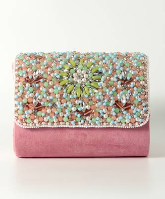 Pink suede rainbow embellished flap over clutch bag 5