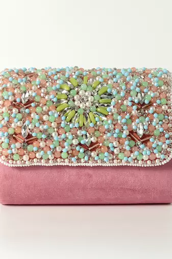 Pink suede rainbow embellished flap over clutch bag