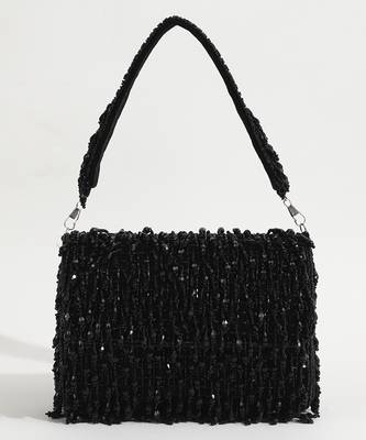 Black suede beaded flap over clutch bag 1