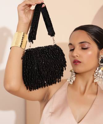 Black suede beaded flap over clutch bag 3