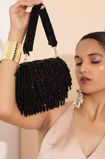 Black suede beaded flap over clutch bag
