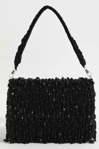 Black suede beaded flap over clutch bag
