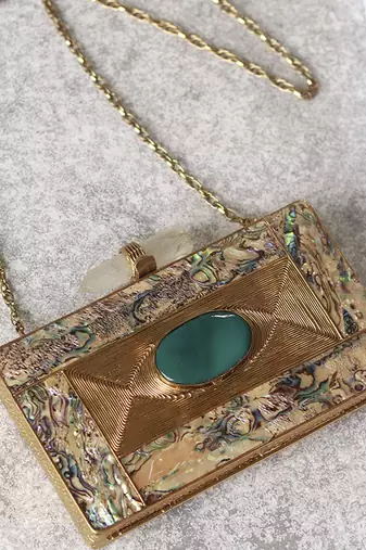 Gold golden embellished brass clutch