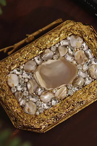 Gold beaded embellished agate stone clutch