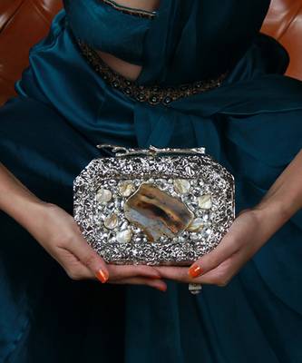 Silver beaded embellished agate stone clutch 1