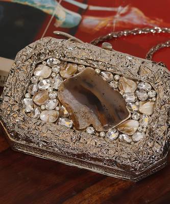 Silver beaded embellished agate stone clutch 3