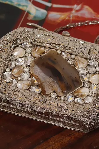 Silver beaded embellished agate stone clutch