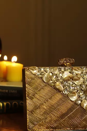 Gold beaded golden embellished brass clutch