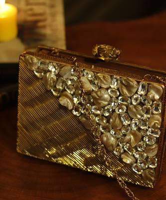 Gold beaded golden embellished brass clutch 4