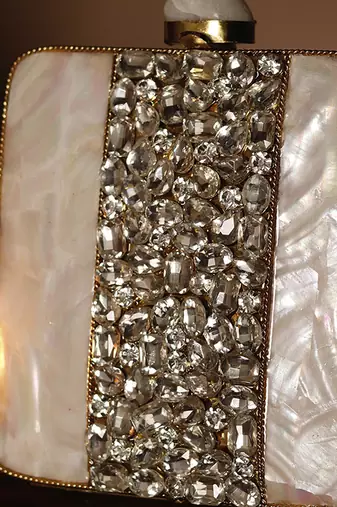 Silver beaded clutch with detachable chain