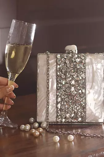 Silver beaded clutch with detachable chain
