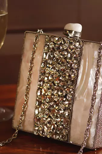 Silver beaded clutch with detachable chain