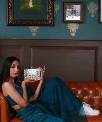 Silver beaded embellished brass clutch 1