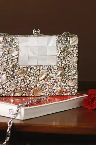 Silver beaded embellished brass clutch