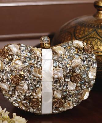 Gold beaded embellished brass clutch golden 1