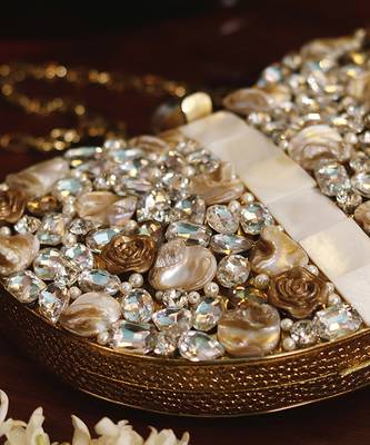 Gold beaded embellished brass clutch golden 3