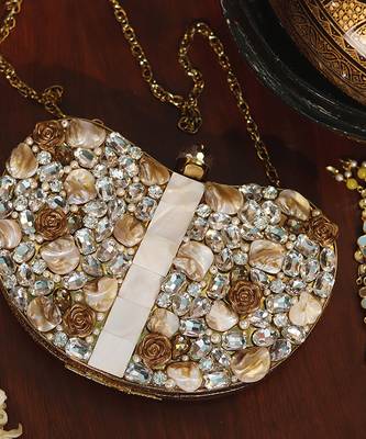 Gold beaded embellished brass clutch golden 4