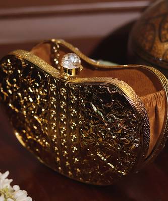 Gold beaded embellished brass clutch golden 5