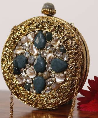 Gold beaded embellished brass clutch 4