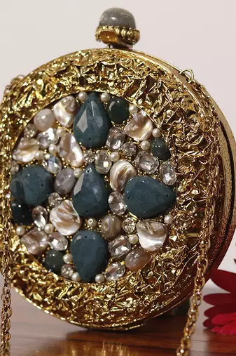 Gold beaded embellished brass clutch