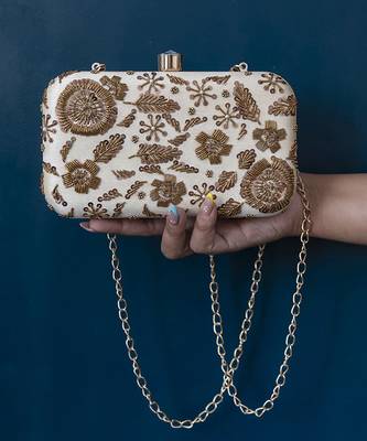 Beige silk beige hand embroidered clutch 1