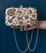 Beige silk beige hand embroidered clutch