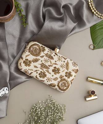 Beige silk beige hand embroidered clutch 2