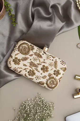 Beige silk beige hand embroidered clutch