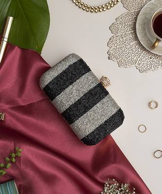 Black & silver hand embroidered silk clutch 1