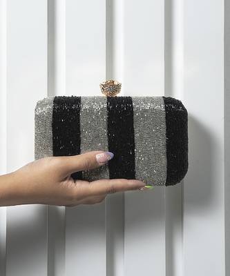 Black & silver hand embroidered silk clutch 2