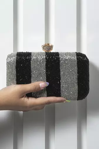 Black & silver hand embroidered silk clutch