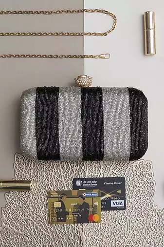 Black & silver hand embroidered silk clutch