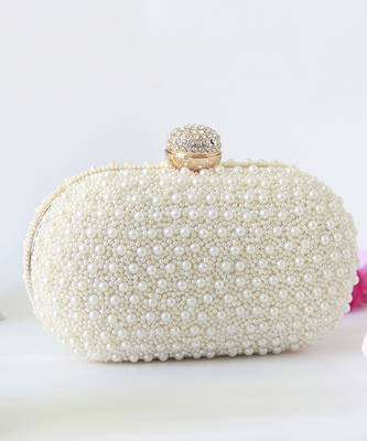 Silk all white pearl hand embroidered clutch 1