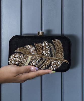 Black velvet hand embroidered leaf clutch 1