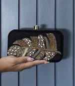 Black velvet hand embroidered leaf clutch