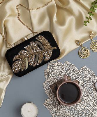 Black velvet hand embroidered leaf clutch 2