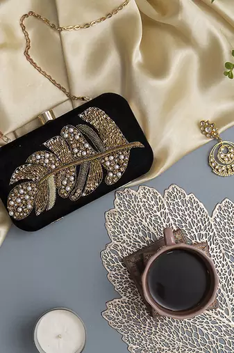 Black velvet hand embroidered leaf clutch