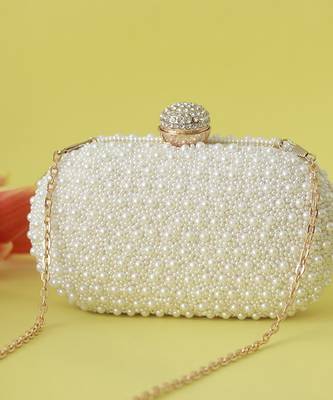 Silk all white pearl hand embroidered clutch 5