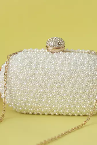 Silk all white pearl hand embroidered clutch