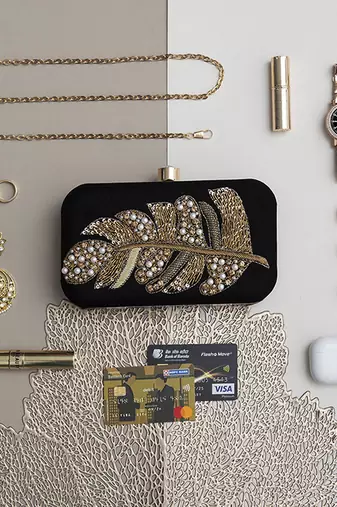 Black velvet hand embroidered leaf clutch